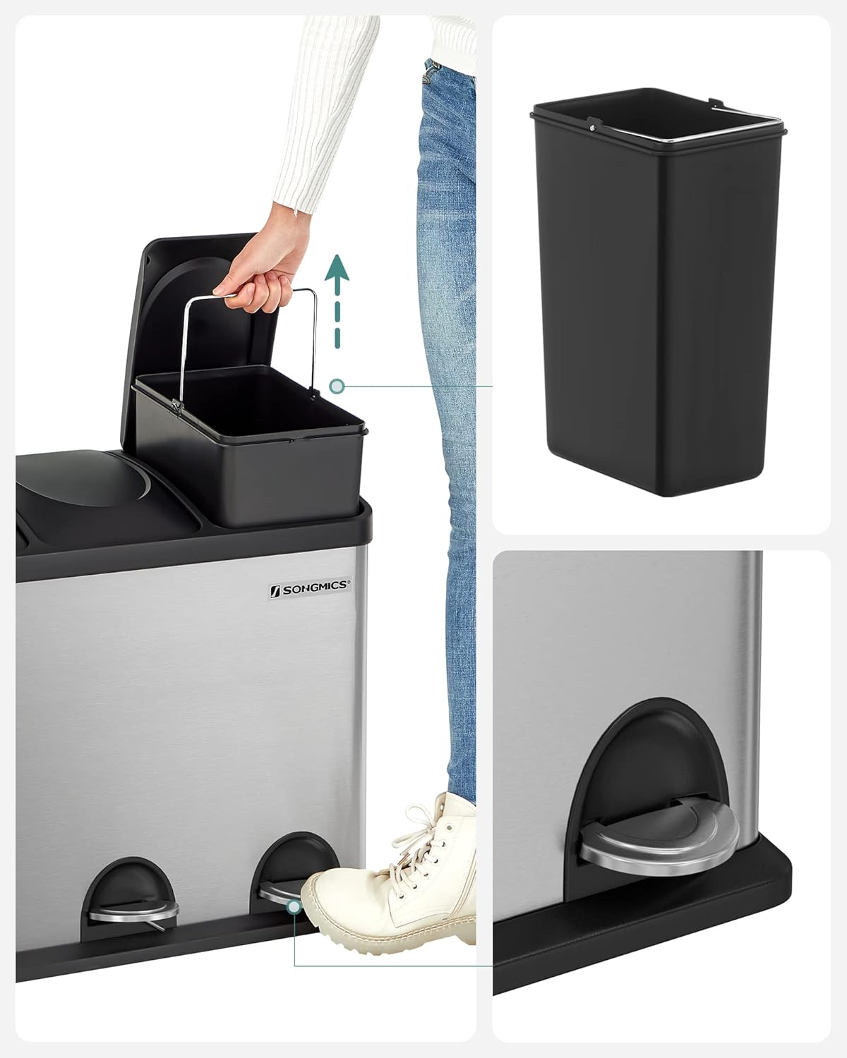 Songmics Pattumiera Cucina 54 Litri 3 Scomparti, Argento - immagine 4