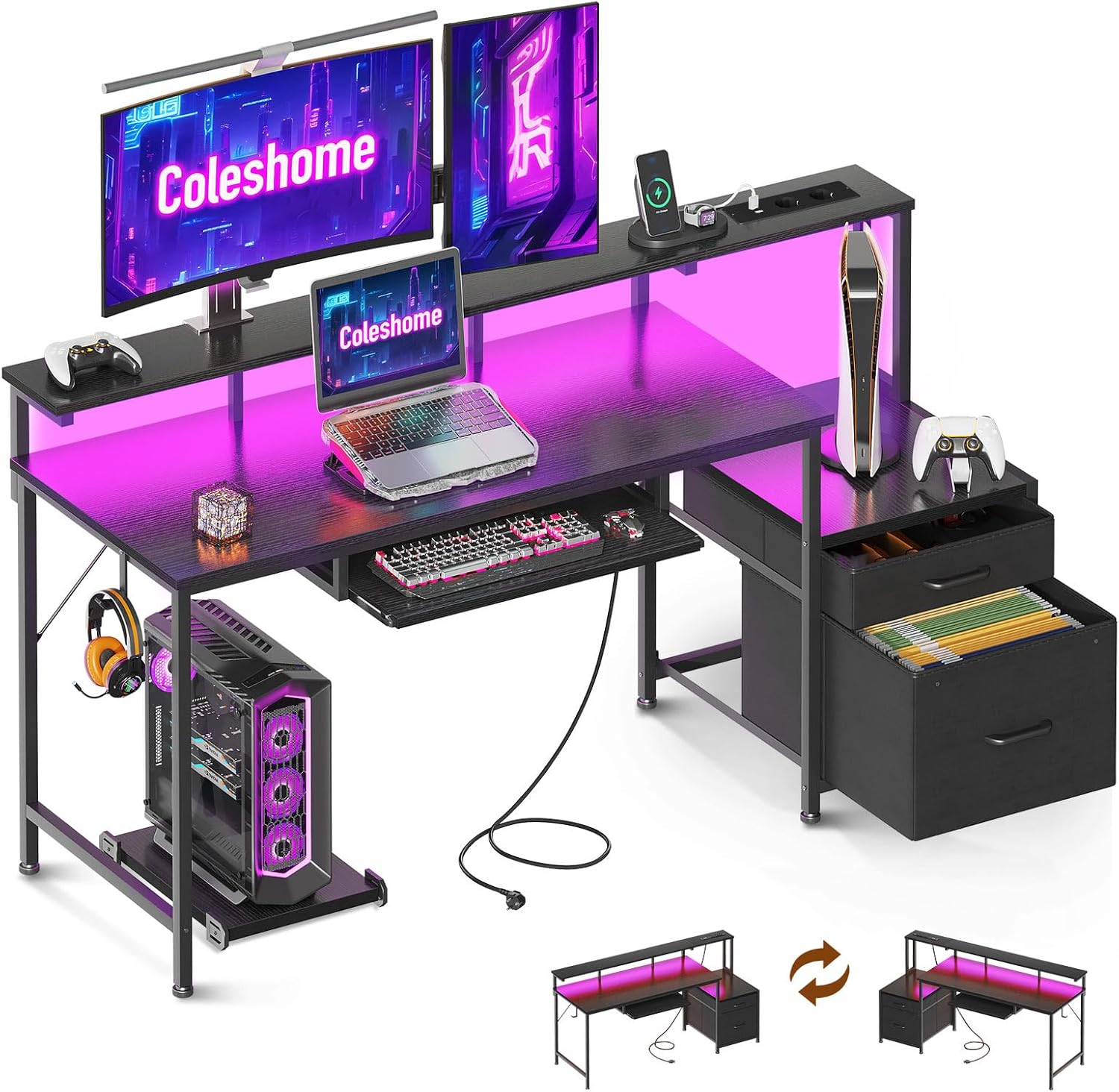 Coleshome Scrivania Gaming LED e Prese 140x48cm Nera