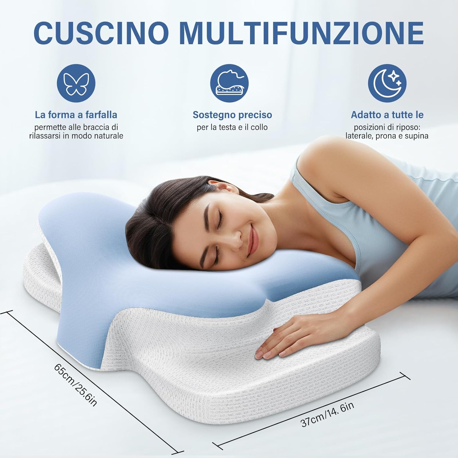 Cuscino Cervicale Ergonomico in Memory Foam 2 in 1, Blu - immagine 2