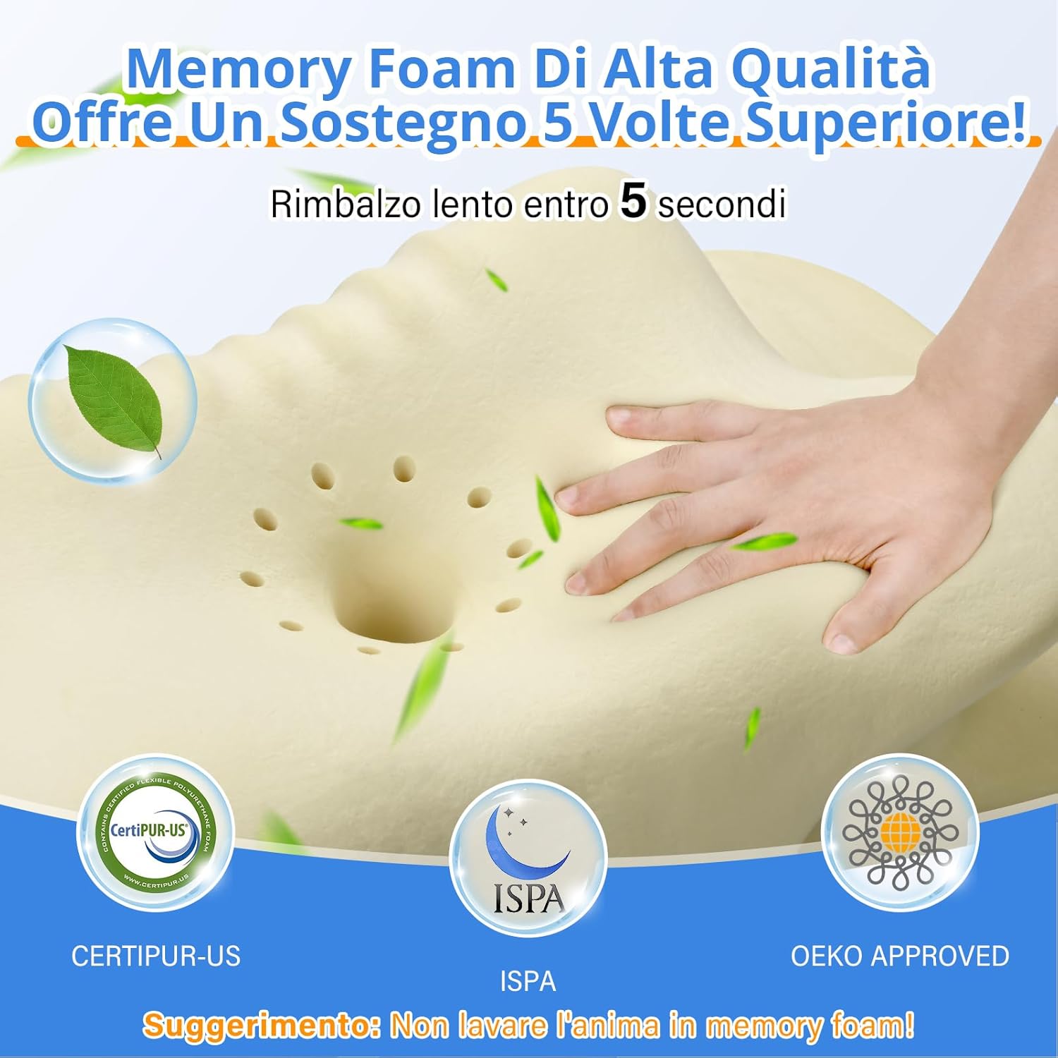 Cuscino Cervicale Ergonomico in Memory Foam 2 in 1, Blu - immagine 4