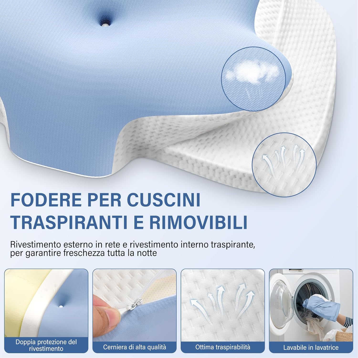 Cuscino Cervicale Ergonomico in Memory Foam 2 in 1, Blu - immagine 6