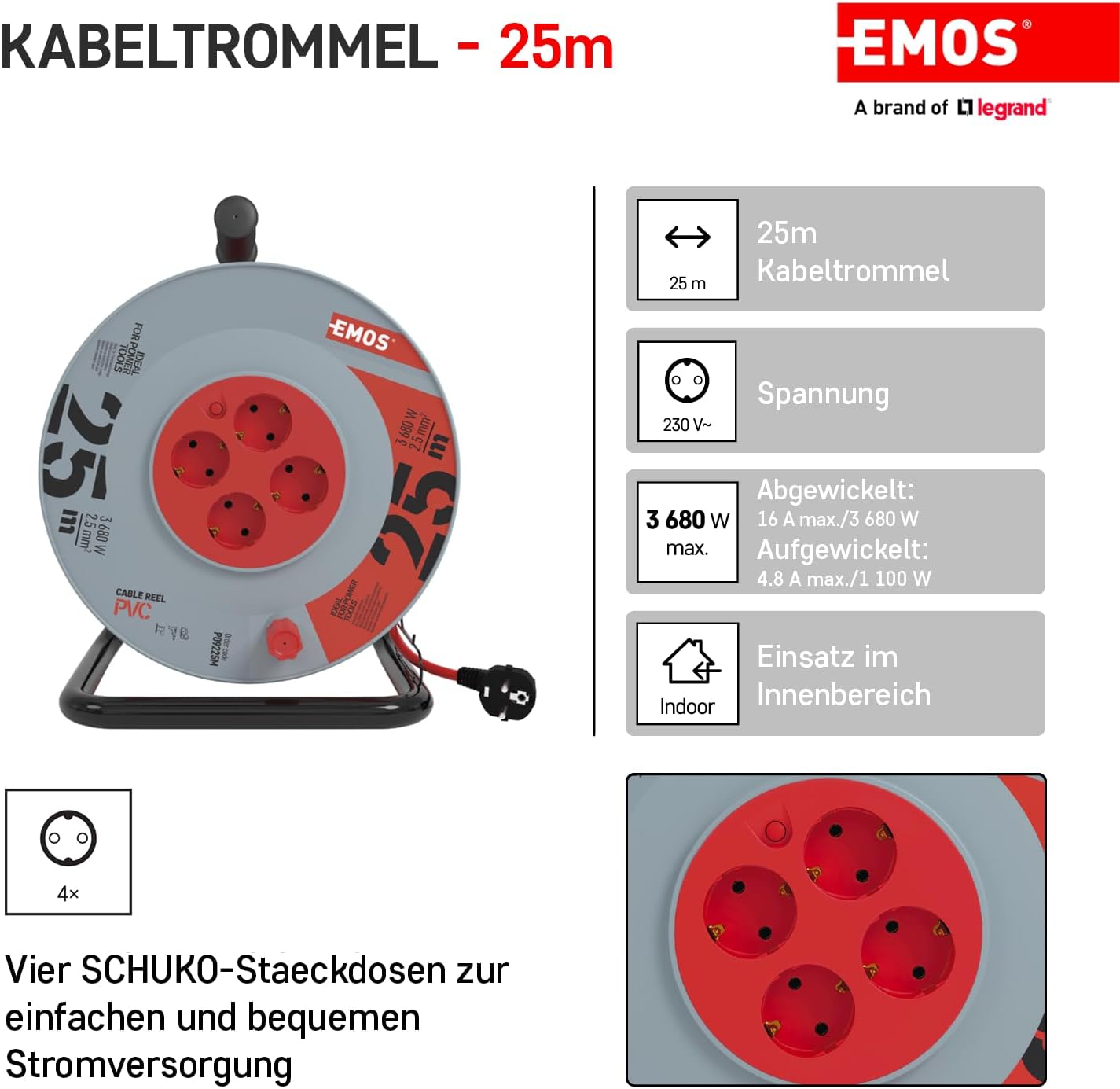 Emos Avvolgicavo 25m con 4 Prese Schuko - immagine 2