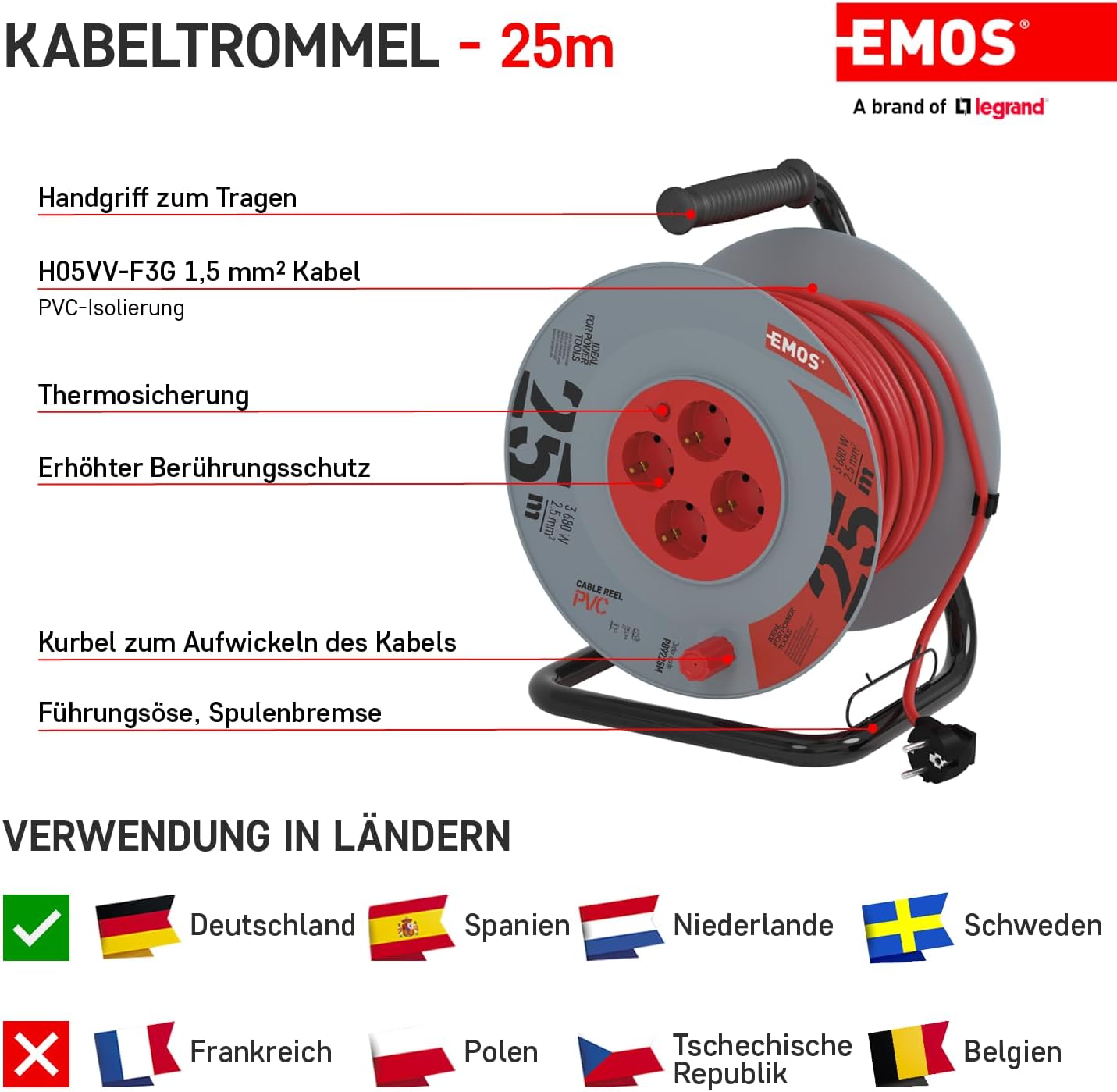Emos Avvolgicavo 25m con 4 Prese Schuko - immagine 3