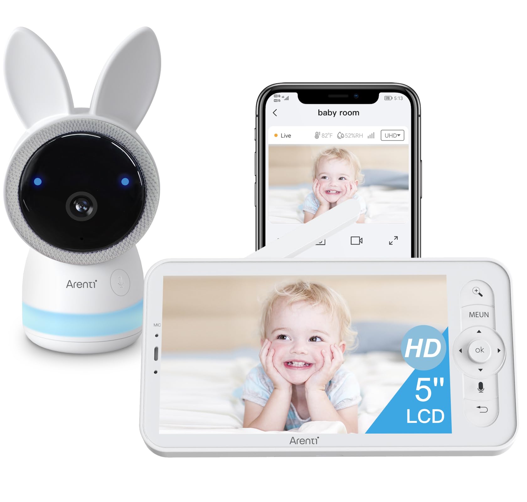ARENTI 2,5K/4MP Baby Monitor WiFi 355° con Monitor