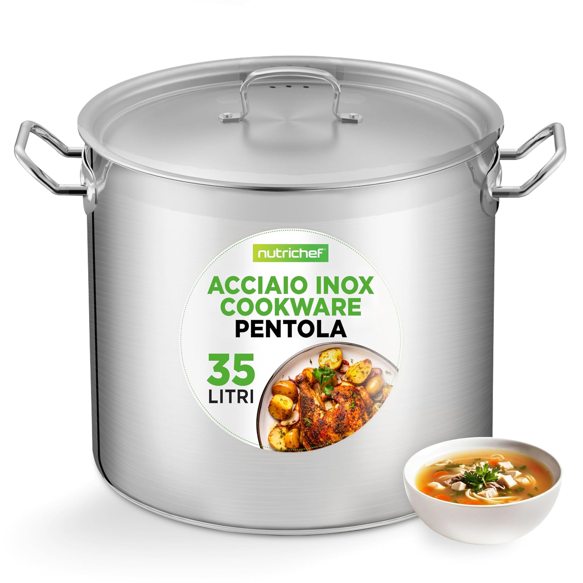 NutriChef Pentola Acciaio Inox 33 Litri con Coperchio, Pentola Induzione Grande con Manici Rinforzati, per Tutti i Piani Cottura, Calore Uniforme