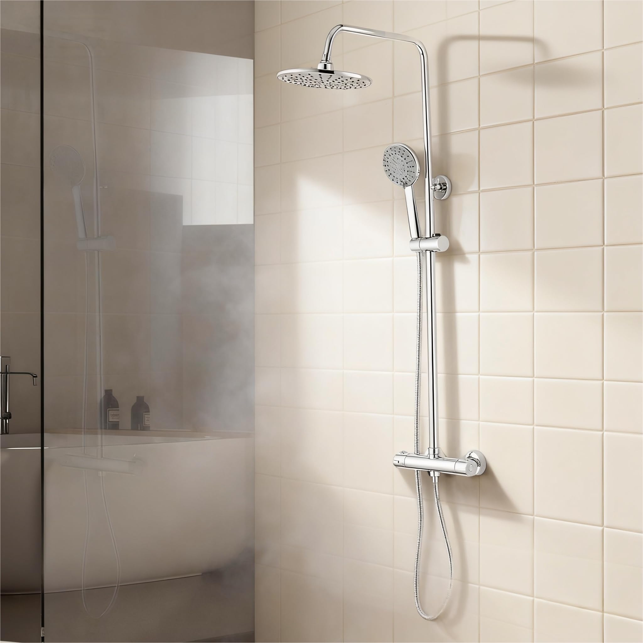 Colonna Doccia con Miscelatore Termostatico, Argento Rotondo