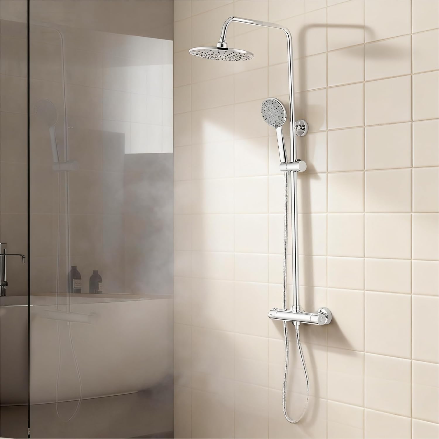 Colonna Doccia con Miscelatore Termostatico, Argento Rotondo - immagine 1