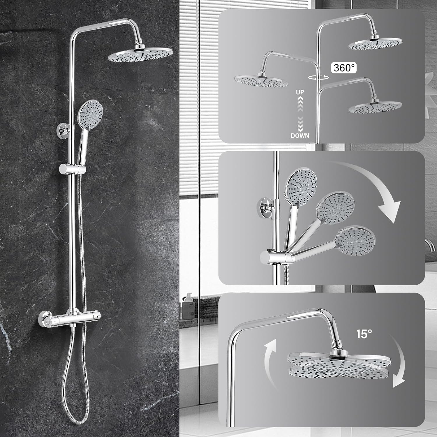 Colonna Doccia con Miscelatore Termostatico, Argento Rotondo - immagine 2