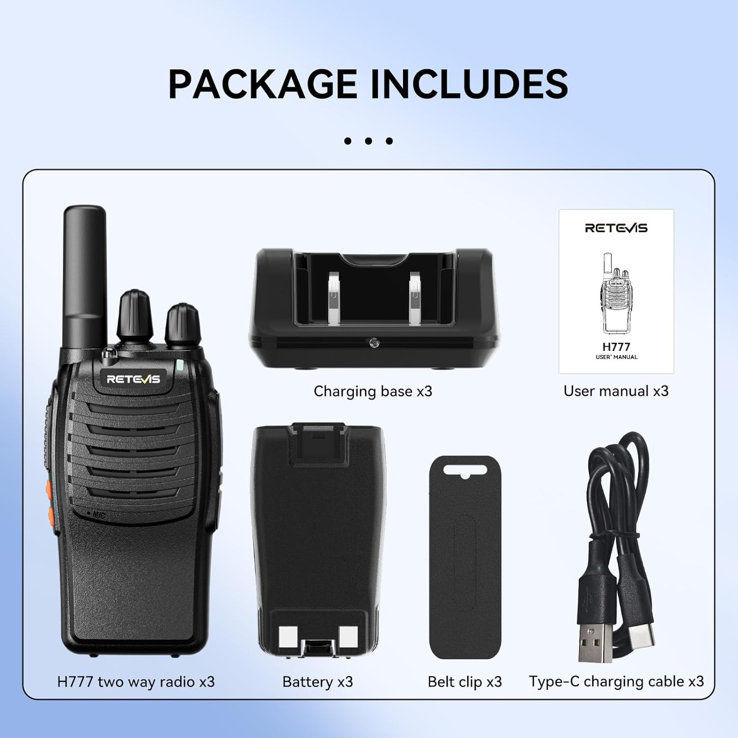 Retevis H777 Walkie Talkie PMR446 USB-C, Nero (3 Pezzi) - immagine 7