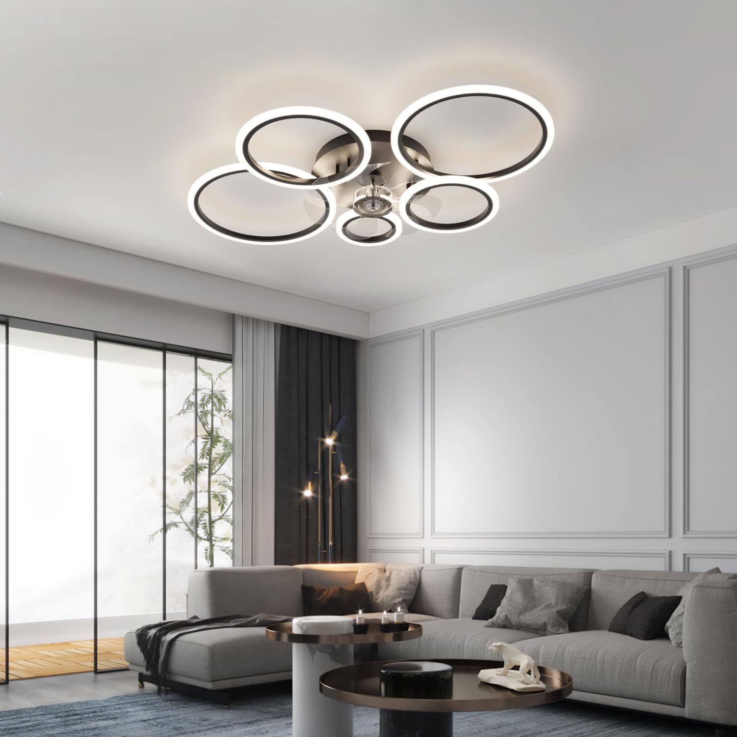 Plafoniera con Ventilatore da Soffitto Anelli LED, Nero - immagine 2