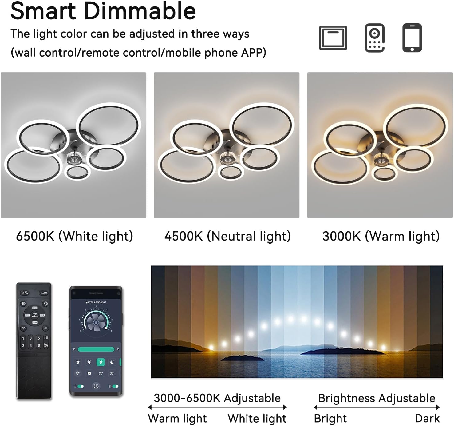 Plafoniera con Ventilatore da Soffitto Anelli LED, Nero - immagine 4