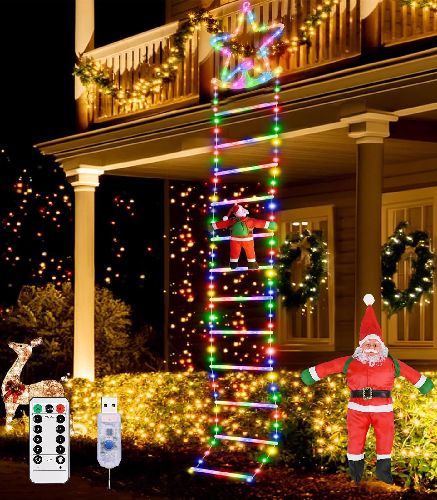 Luci Natale Esterno 300CM Stella e Babbo Natale a Batteria