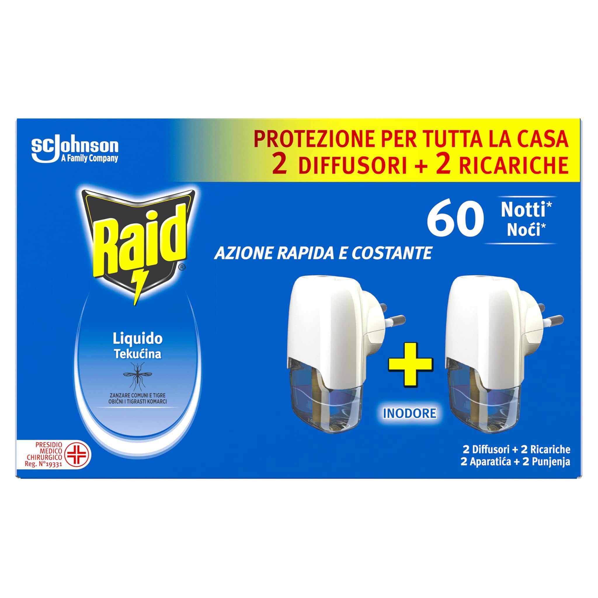 Raid Liquido Elettrico Antizanzare Inodore - 2 Diffusori + 2 Ricariche