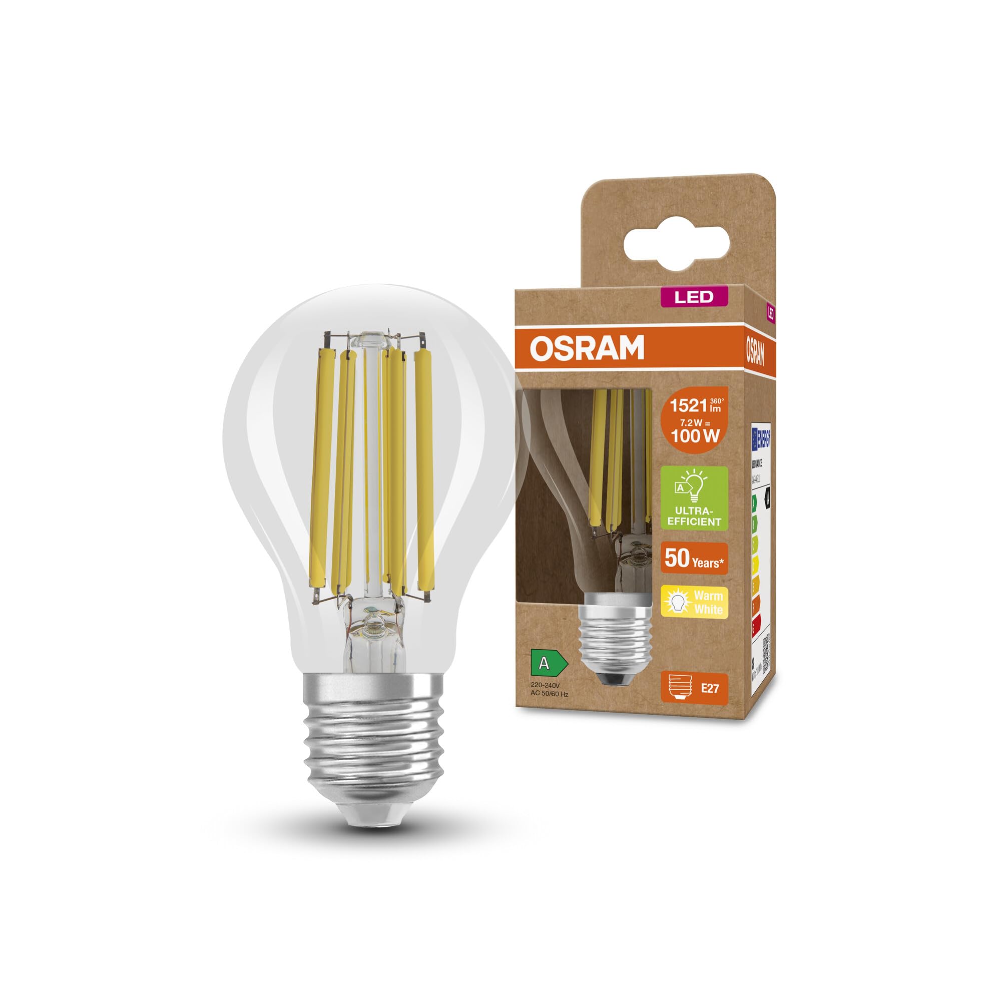 Osram Lampadina LED Filamento E27 Bianco Caldo 7.2W