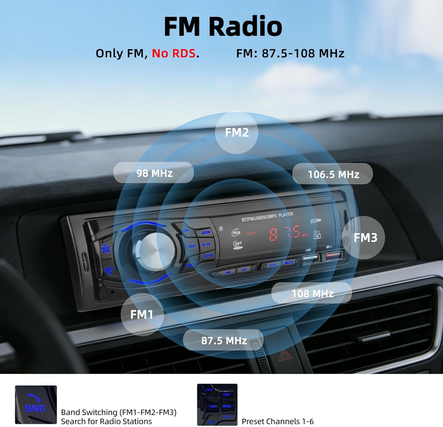 Autoradio Bluetooth 1 DIN con 2 Porte USB, Nero - immagine 3