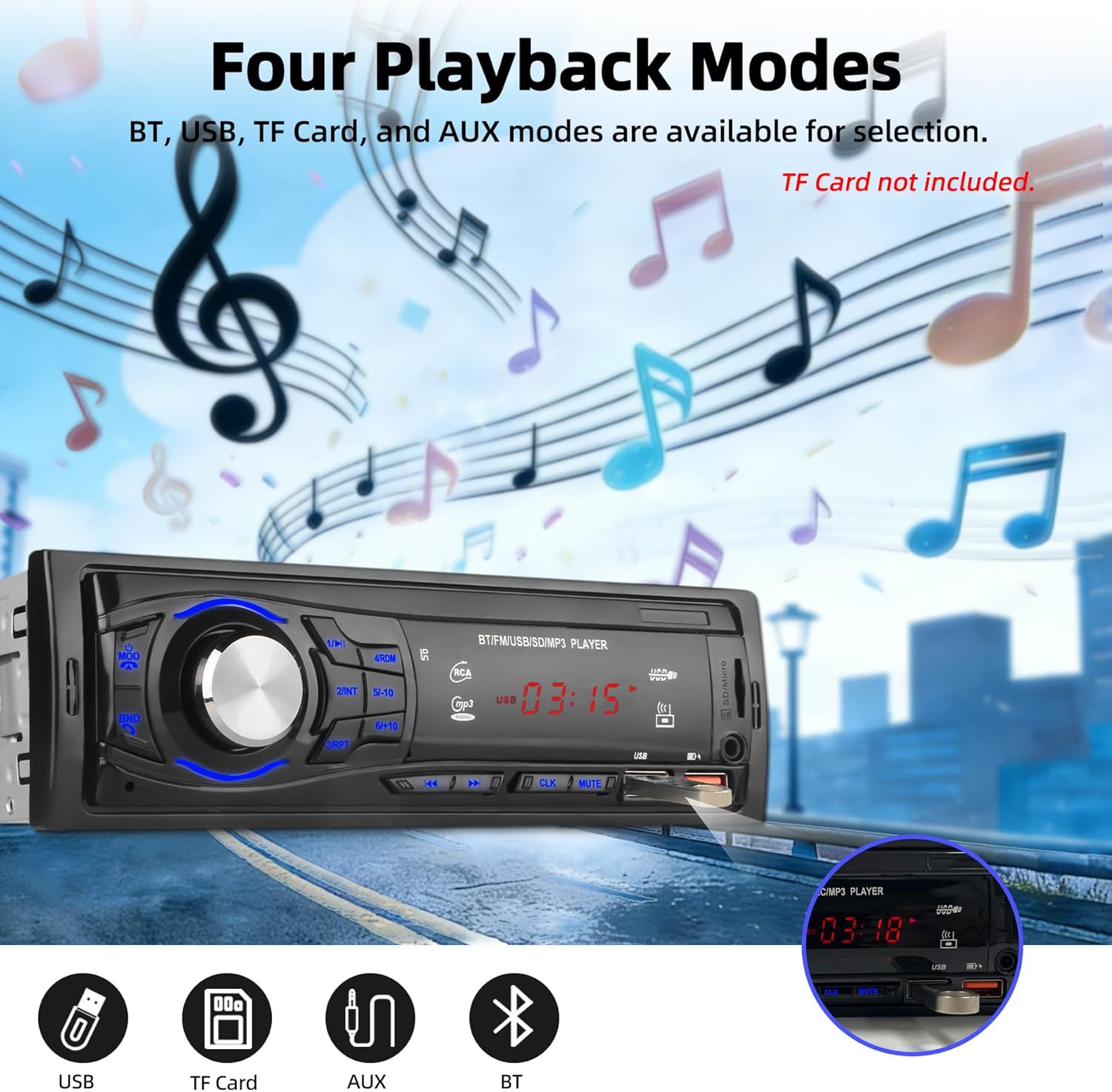 Autoradio Bluetooth 1 DIN con 2 Porte USB, Nero - immagine 4