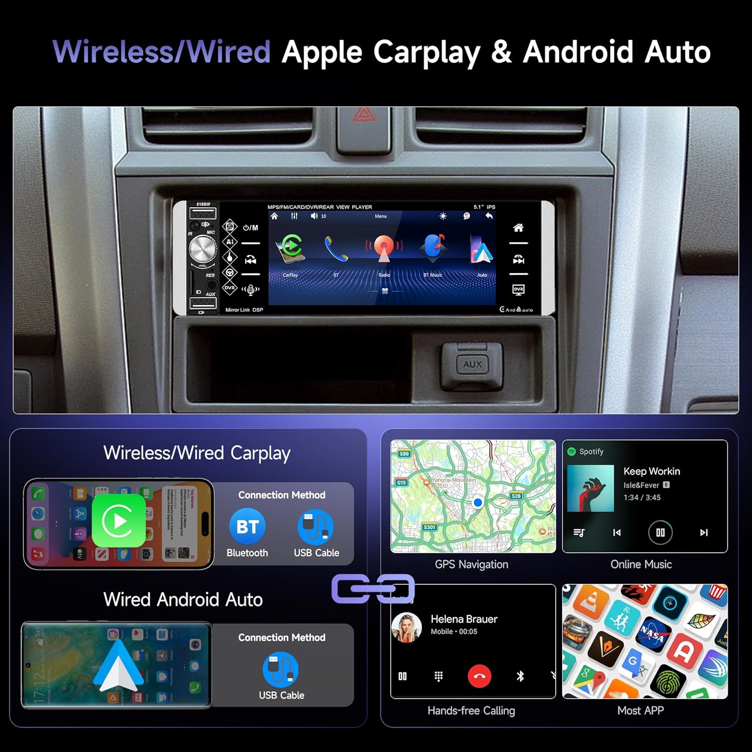 Autoradio 1 Din Wireless Carplay Android Auto 5.1" - immagine 2