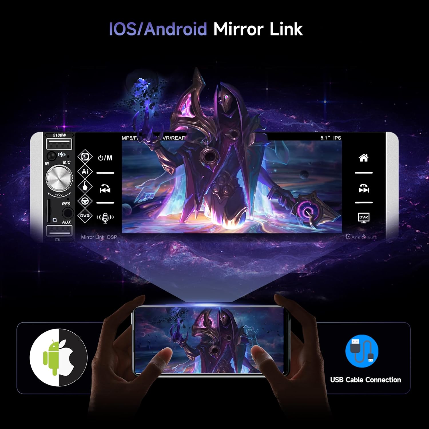 Autoradio 1 Din Wireless Carplay Android Auto 5.1" - immagine 3