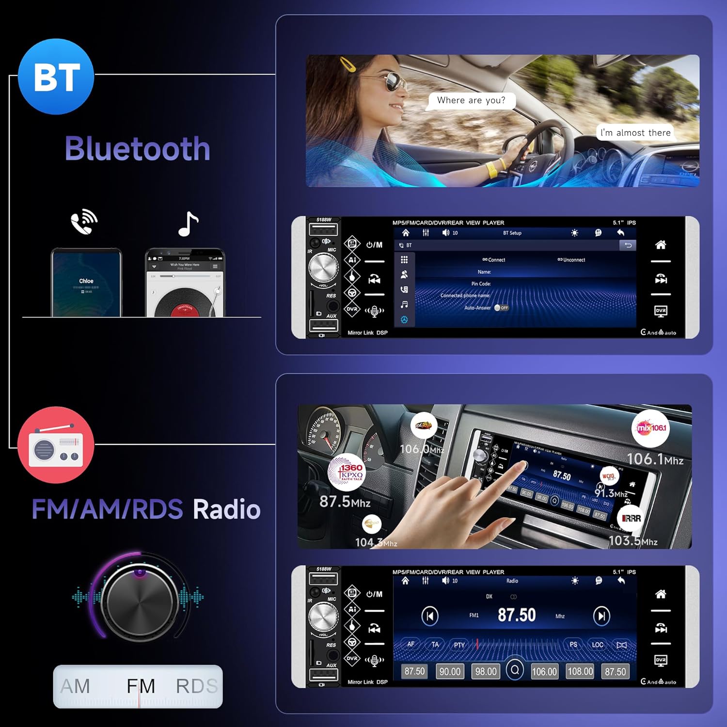 Autoradio 1 Din Wireless Carplay Android Auto 5.1" - immagine 4