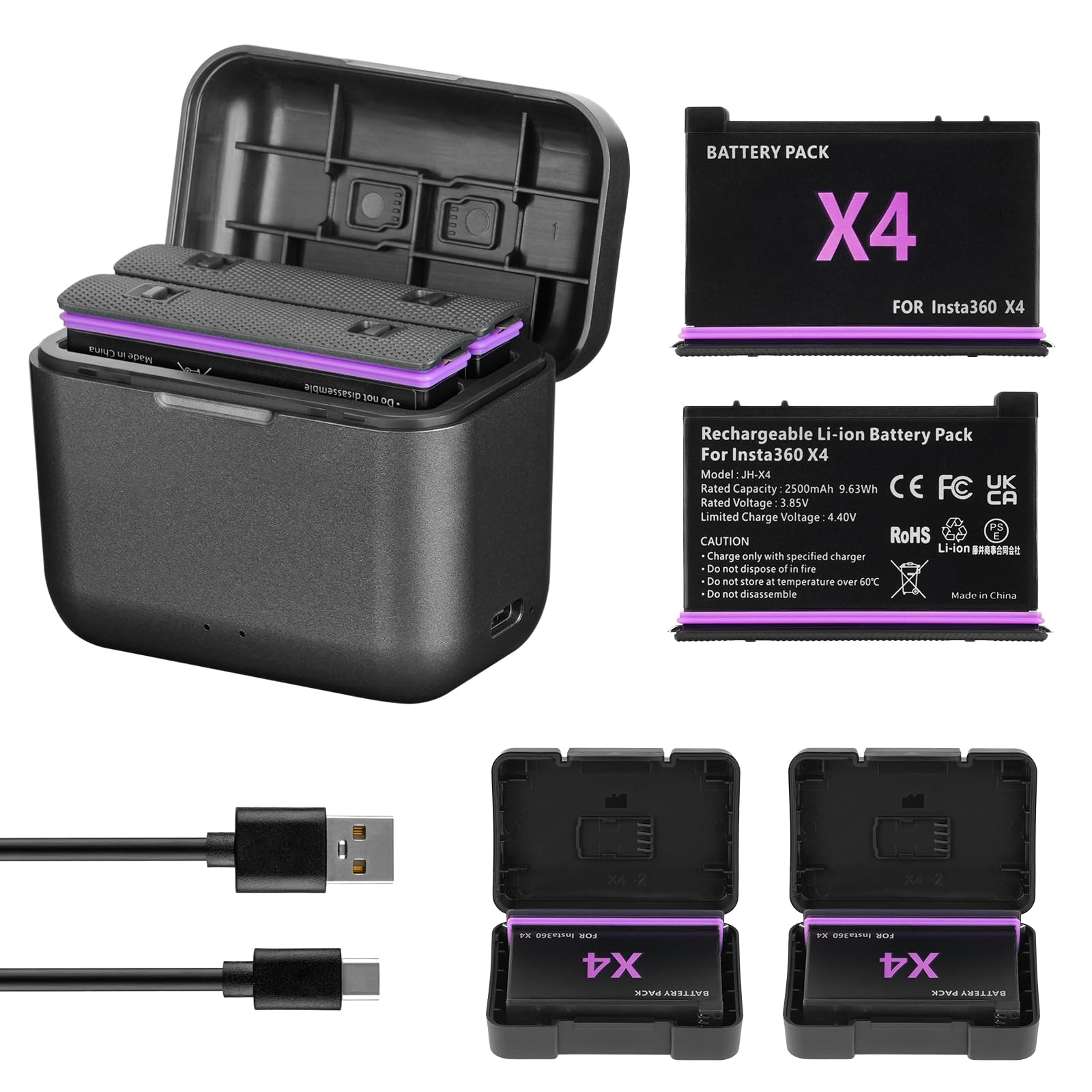 Kit Caricabatterie Insta360X4 con 2 Batterie 2500mAh