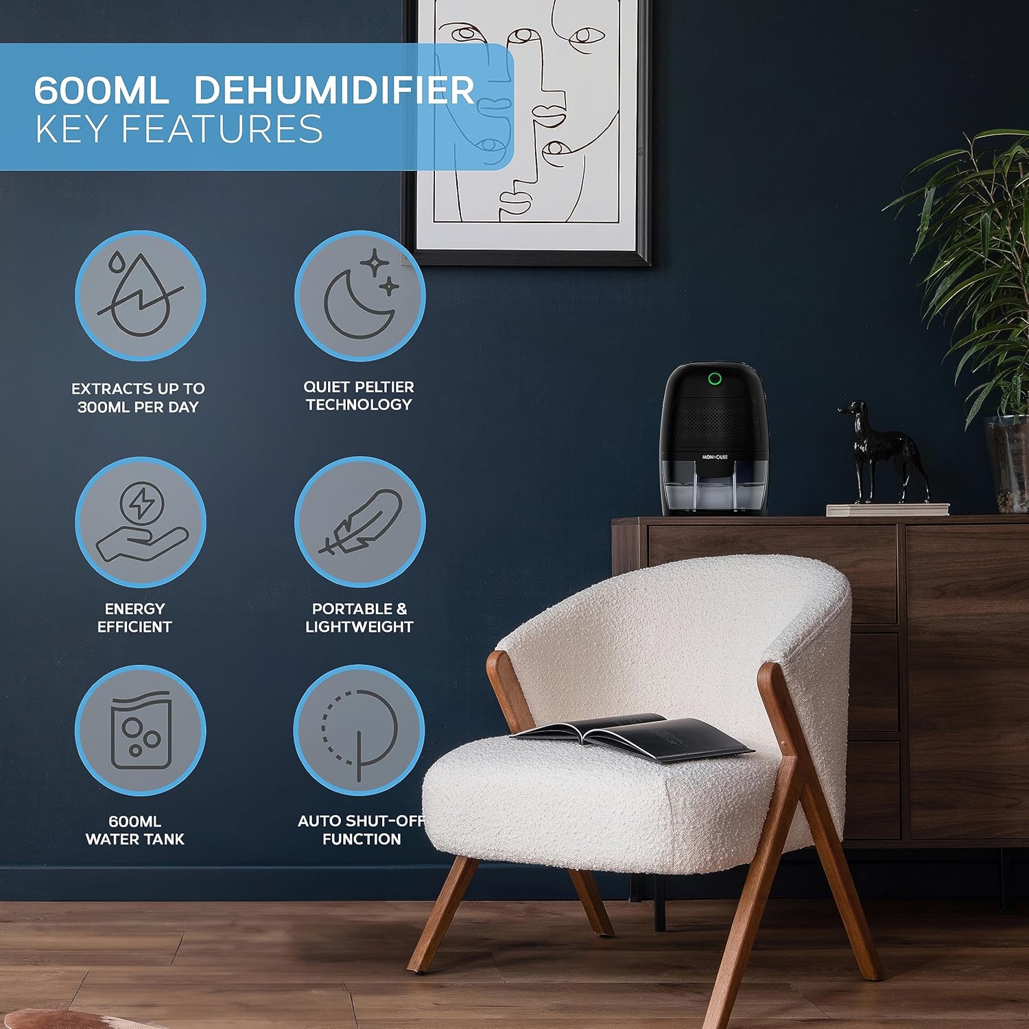 Monhouse Deumidificatore Portatile 600 ml, Nero - immagine 2