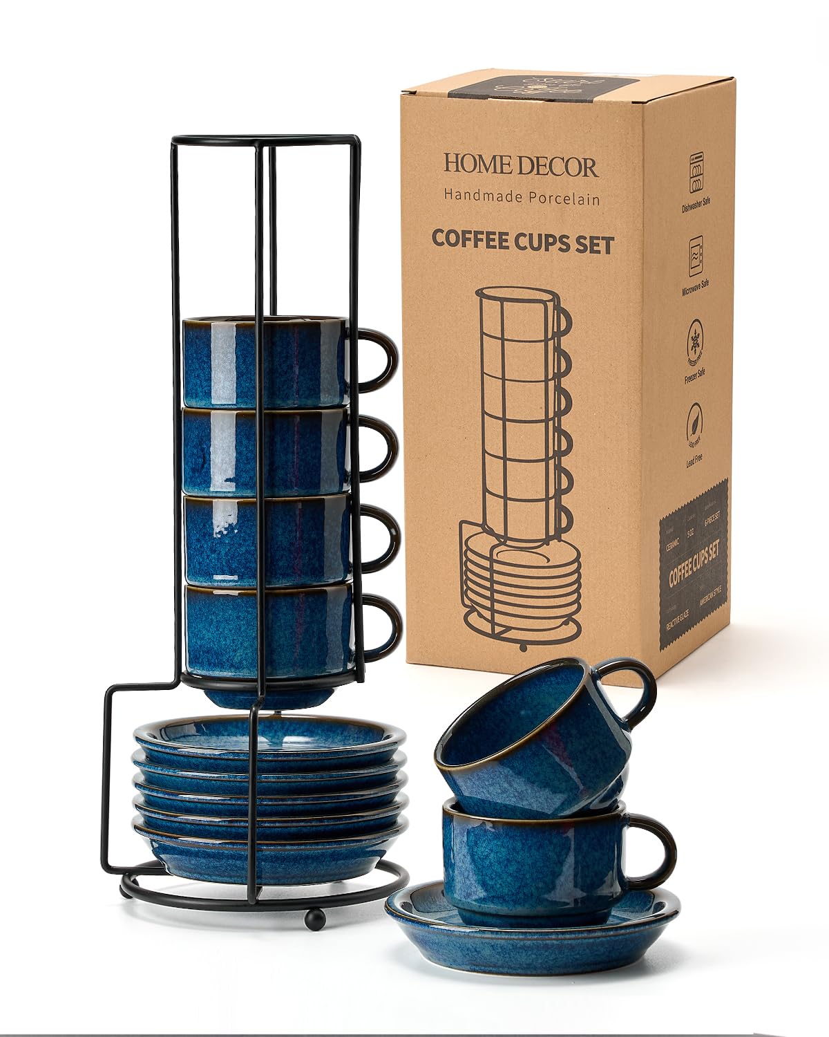 Home Decor Set Tazze Cappuccino 140ml con Piattino e Supporto