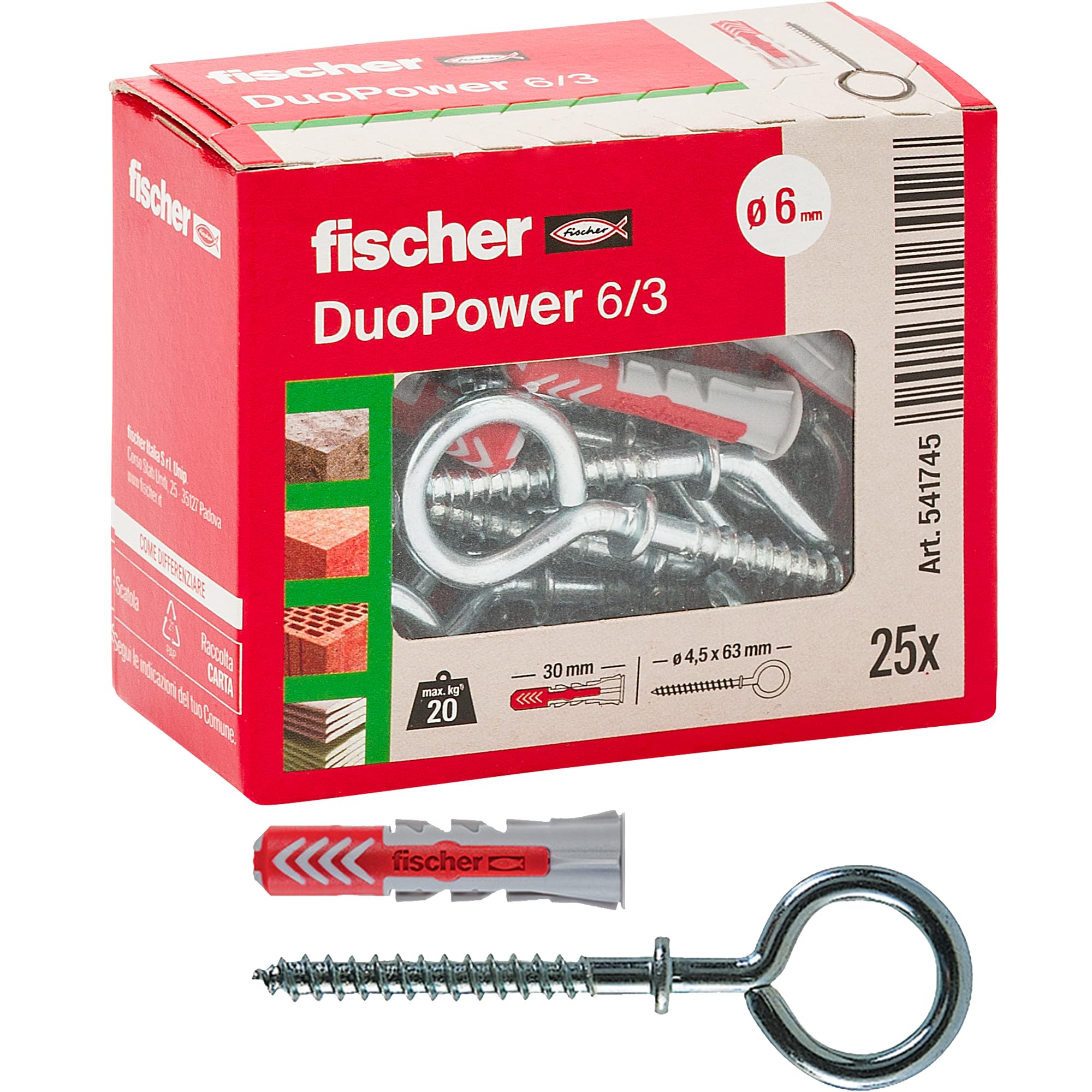 Fischer 541745 Tassello con Occhiolo Chiuso Duopower, Grigio/Rosso, 25 Pezzi
