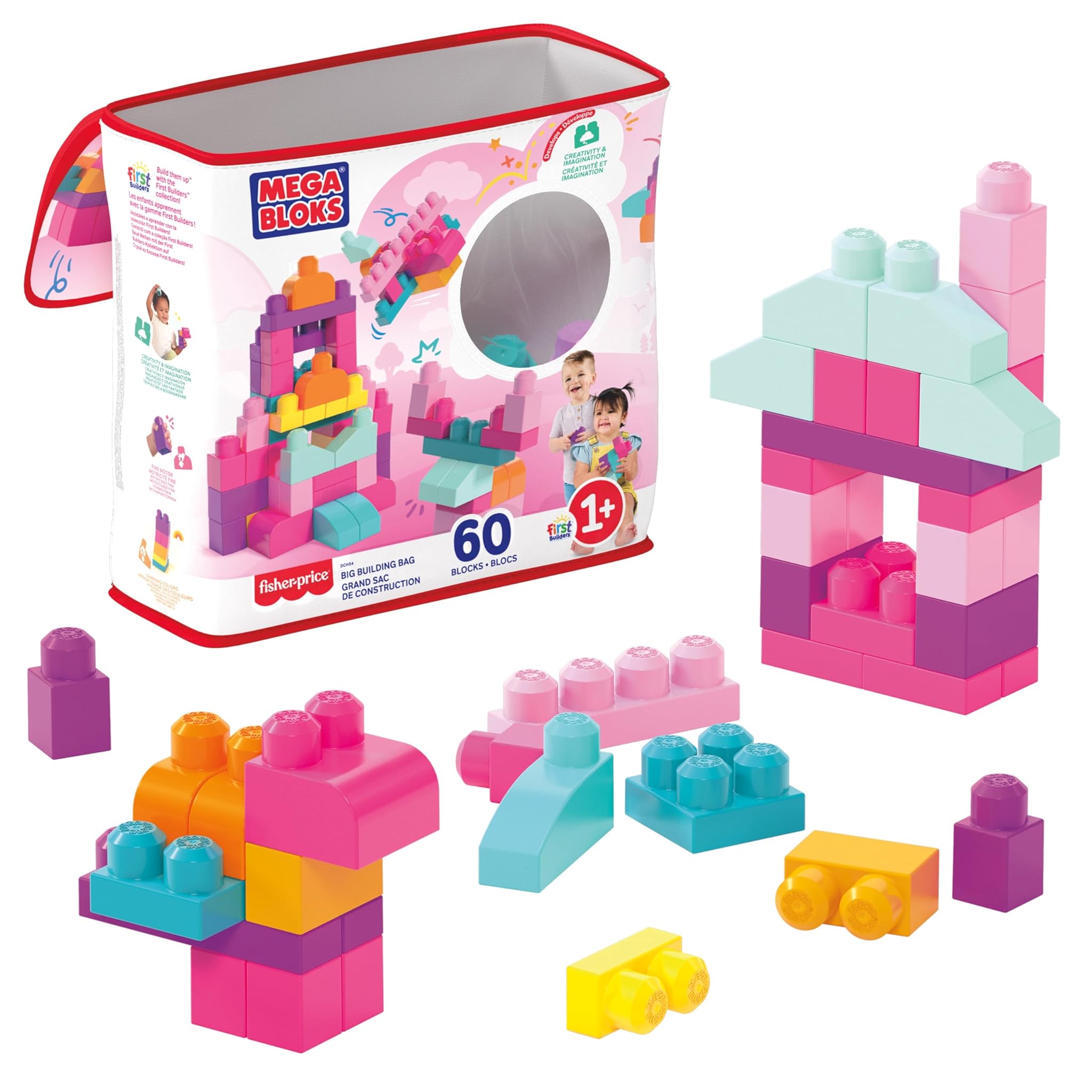 MEGA BLOKS Grande Borsa da Set da costruzione con 60 grandi mattoncini colorati e 1 custodia, set regalo giocattolo per bambini da 1 anno in su. DCH54