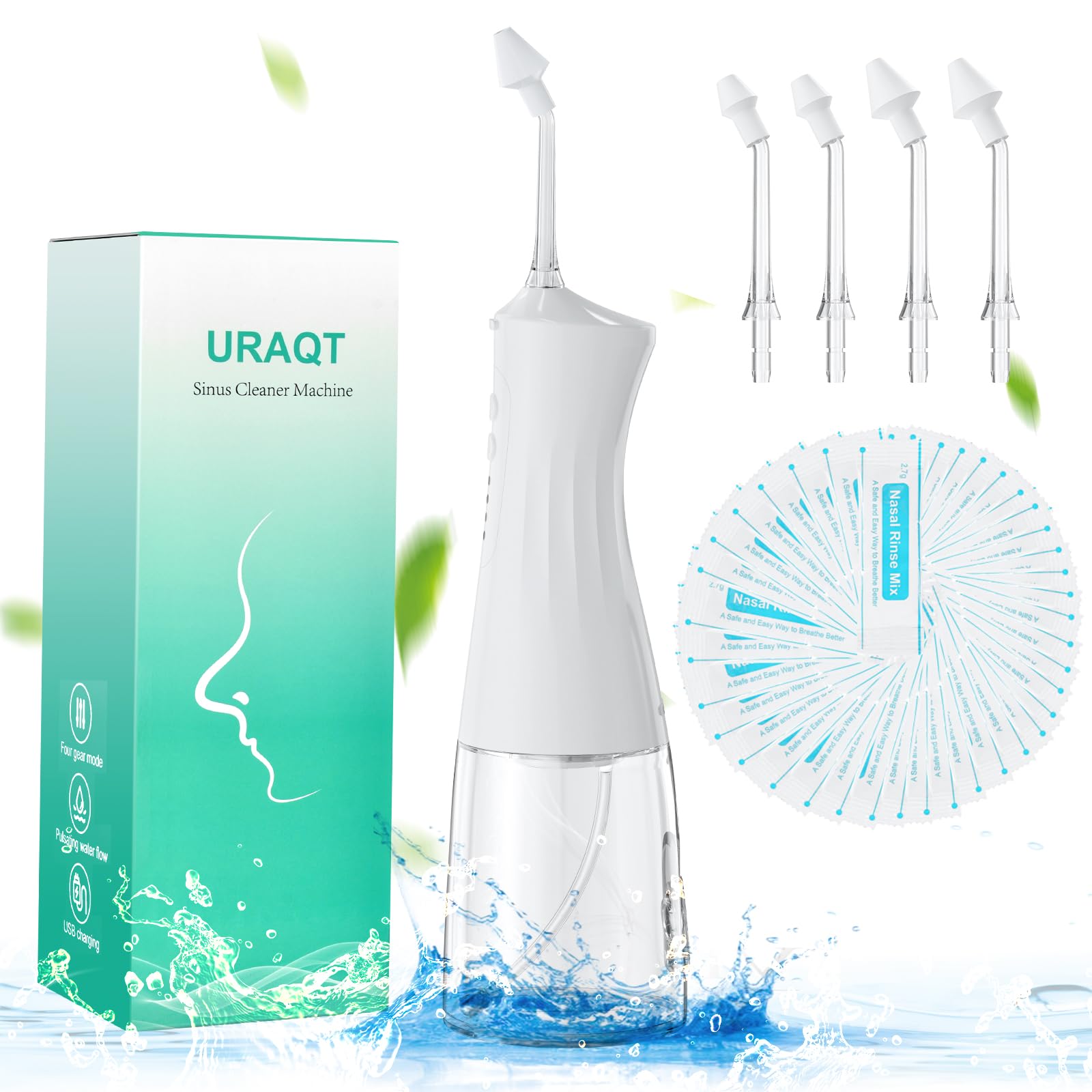 URAQT Neti Pot Elettrico 300ml con 40 Sali Nasali