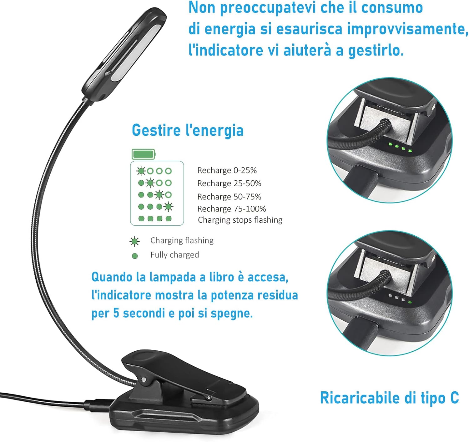 Diboniur Luce Pinza 9 LED USB Ricaricabile - immagine 5