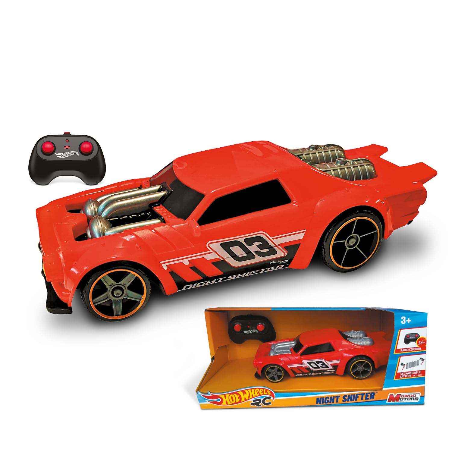 MONDO Motors Hot Wheels Night Shifter, modello in scala 1:16, con batterie ricaricabili, fino a 8 Km/h di velocità, auto giocattolo per bambini 63851, colore rosso