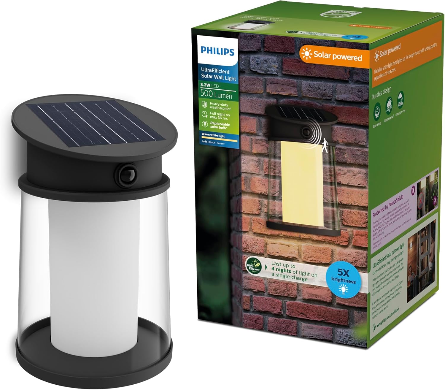 Philips Juda Lampada Solare da Parete UltraEfficient, Nera