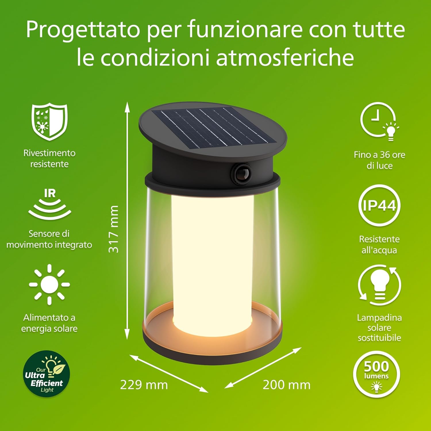 Philips Juda Lampada Solare da Parete UltraEfficient, Nera - immagine 2
