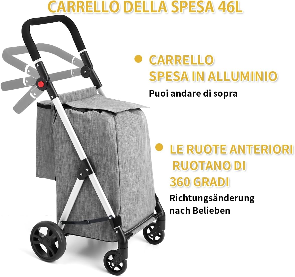 Leuya Abc Carrello della Spesa 4 Ruote, Grigio - immagine 2