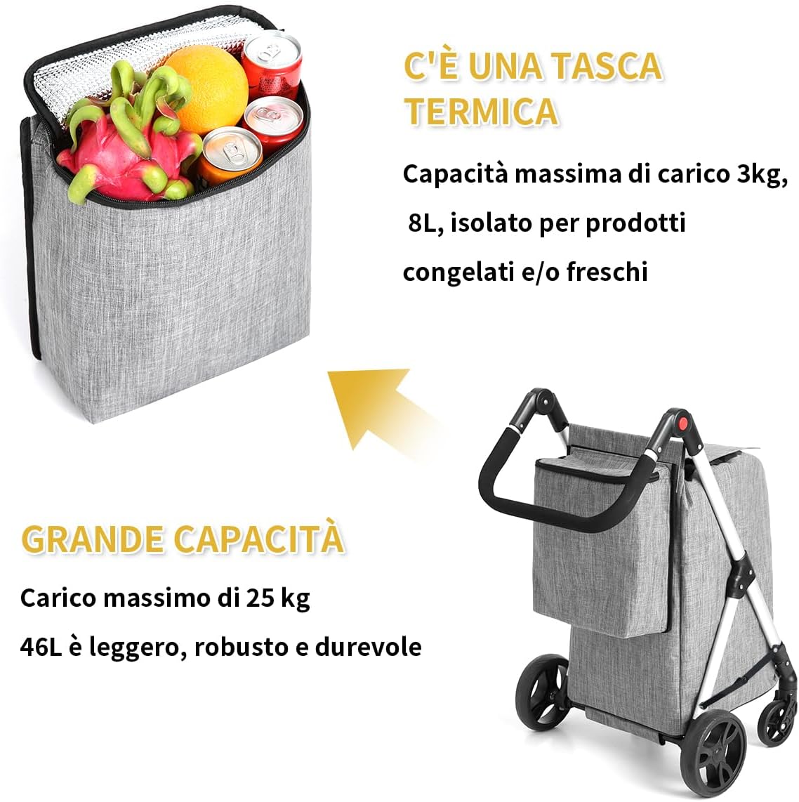 Leuya Abc Carrello della Spesa 4 Ruote, Grigio - immagine 4