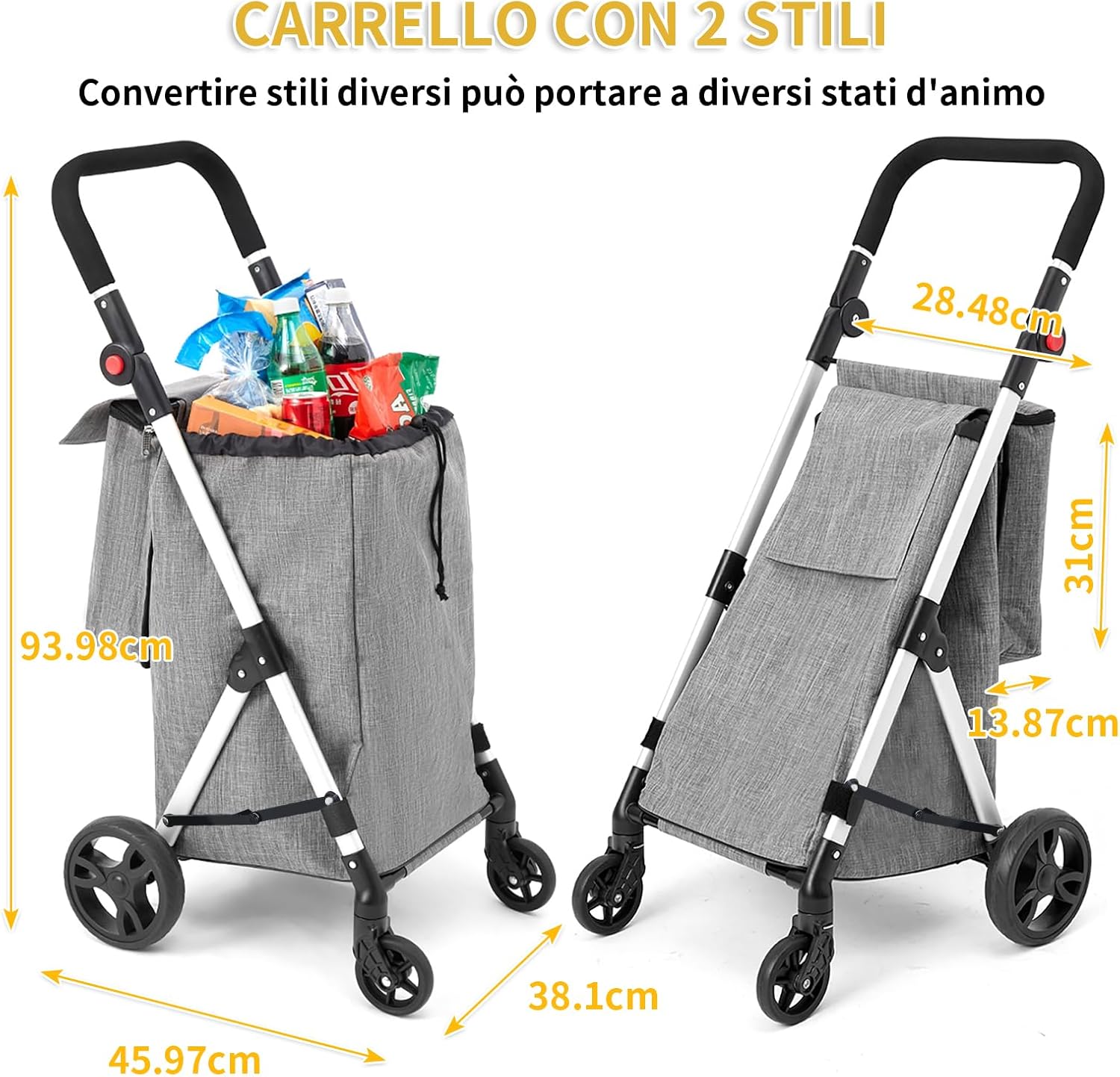 Leuya Abc Carrello della Spesa 4 Ruote, Grigio - immagine 5