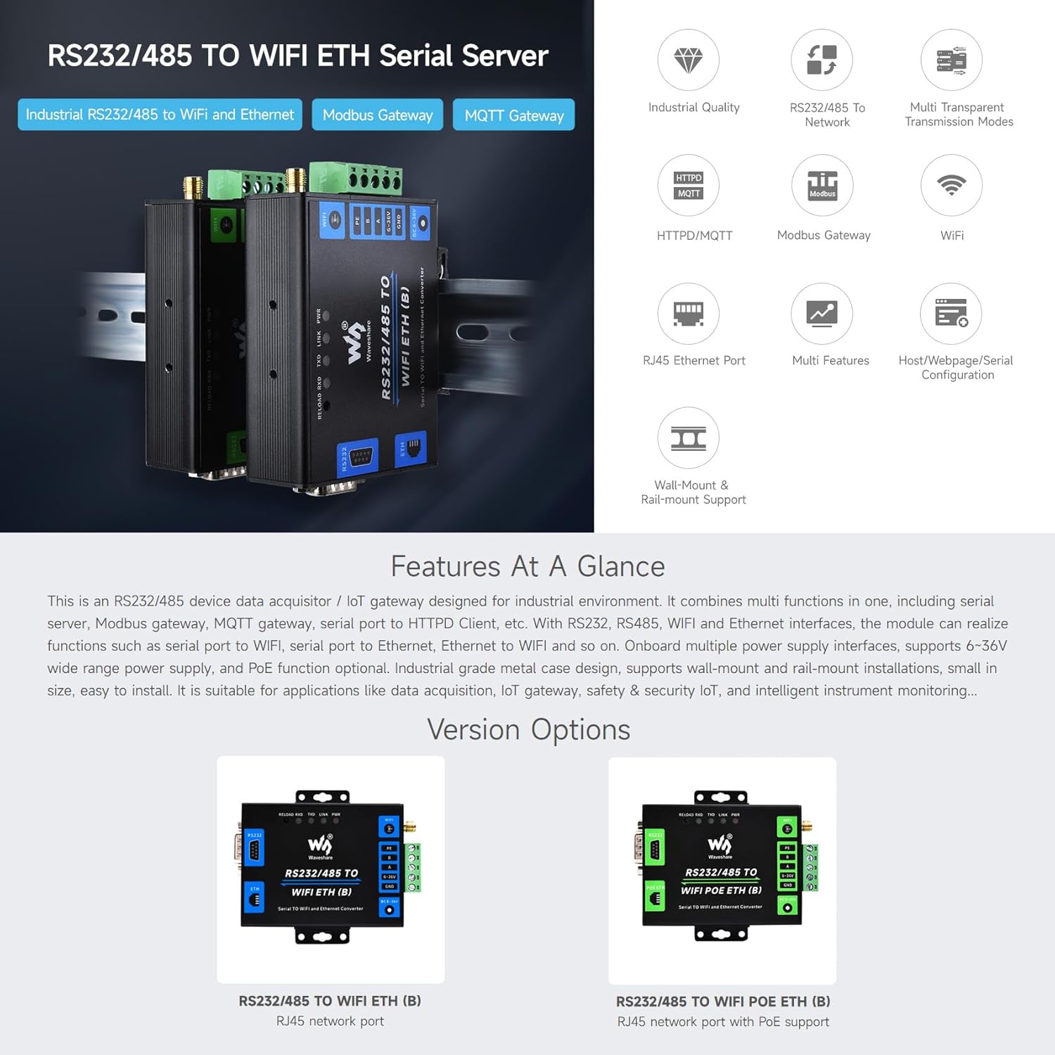 Waveshare Server Seriale Industriale RS232/485 a WiFi/Ethernet - immagine 3