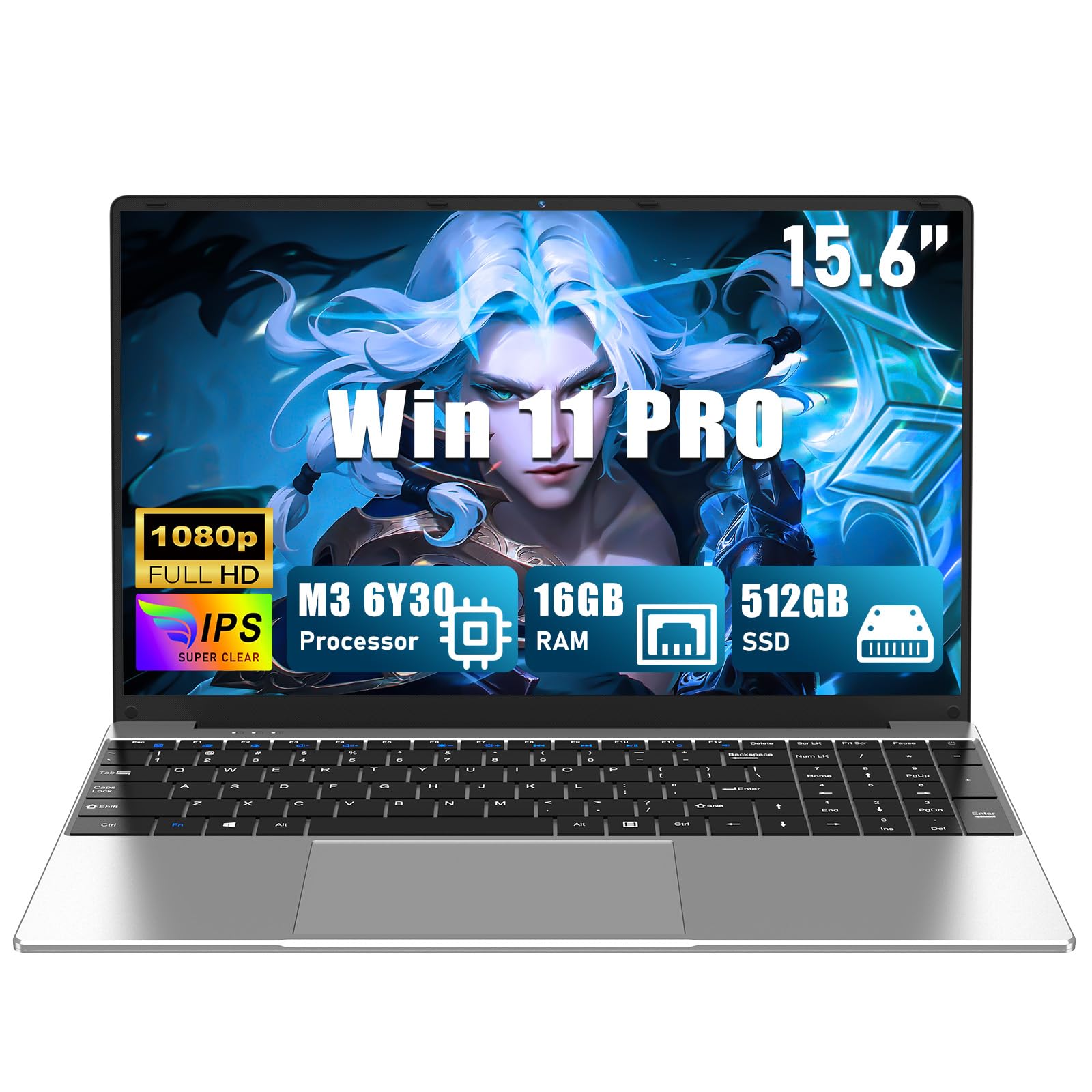 Computer portatile 16 GB RAM, 512 GB SSD 15,6 pollici M3-6Y30 (da 0,9 a 2,2 GHz), PC portatile 2026, FHD 1920 x 1080P, 5000 mAh/38,5 Wh, Scheda TF, Webcam, Touchpad, Studente/Professionista