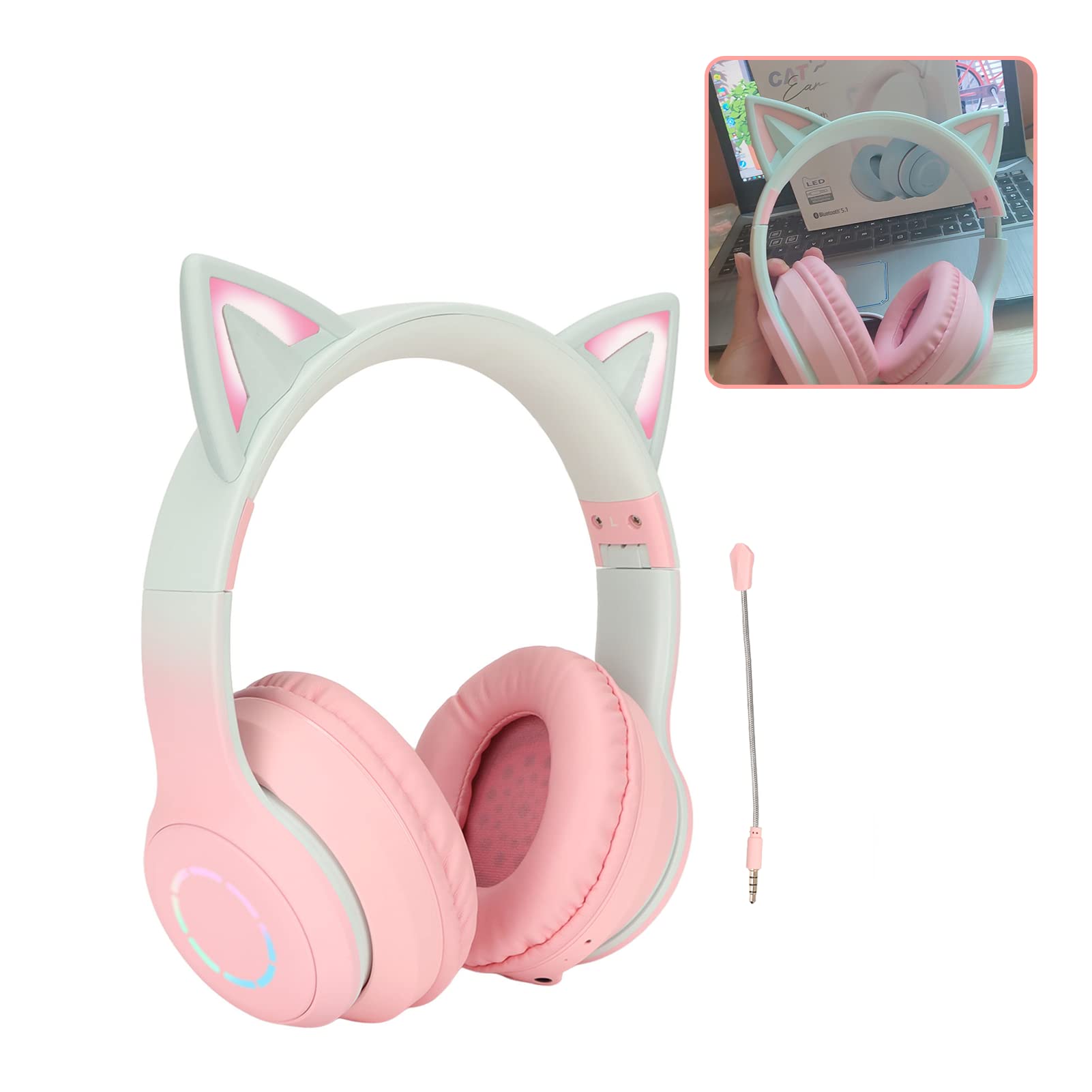 Gugxiom Cuffie Cat Ear Wireless con Luci LED, Rosa
