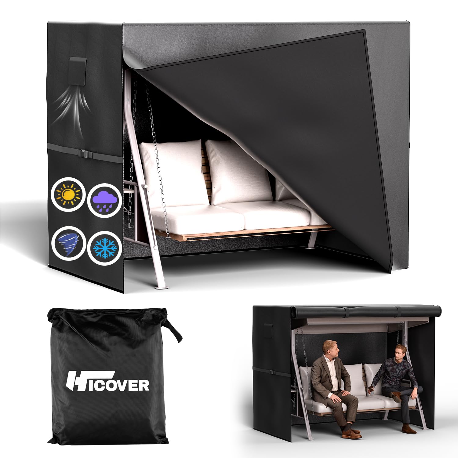 Hicover Copertura Dondolo Giardino 3 Posti, Nero