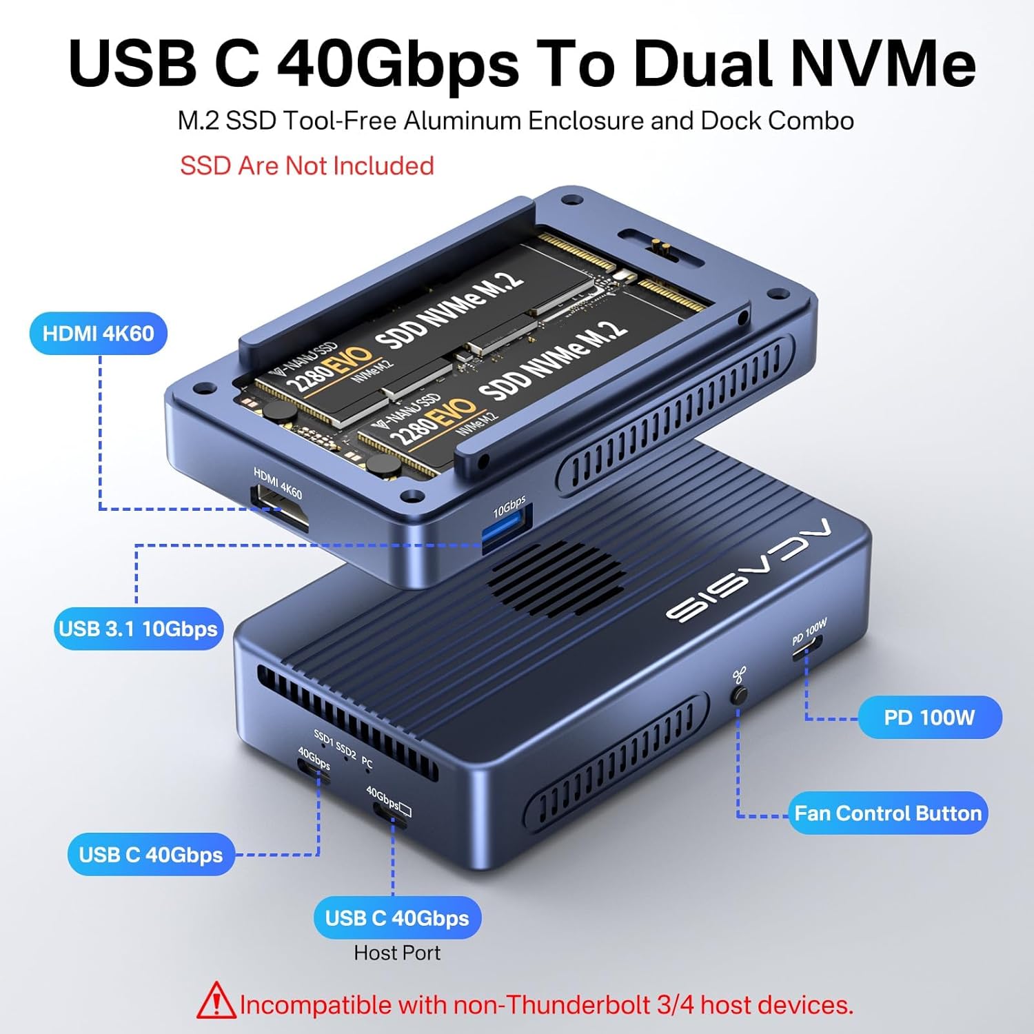 Acasis M.2 NVMe SSD Enclosure 40Gbps USB C Alluminio - immagine 3