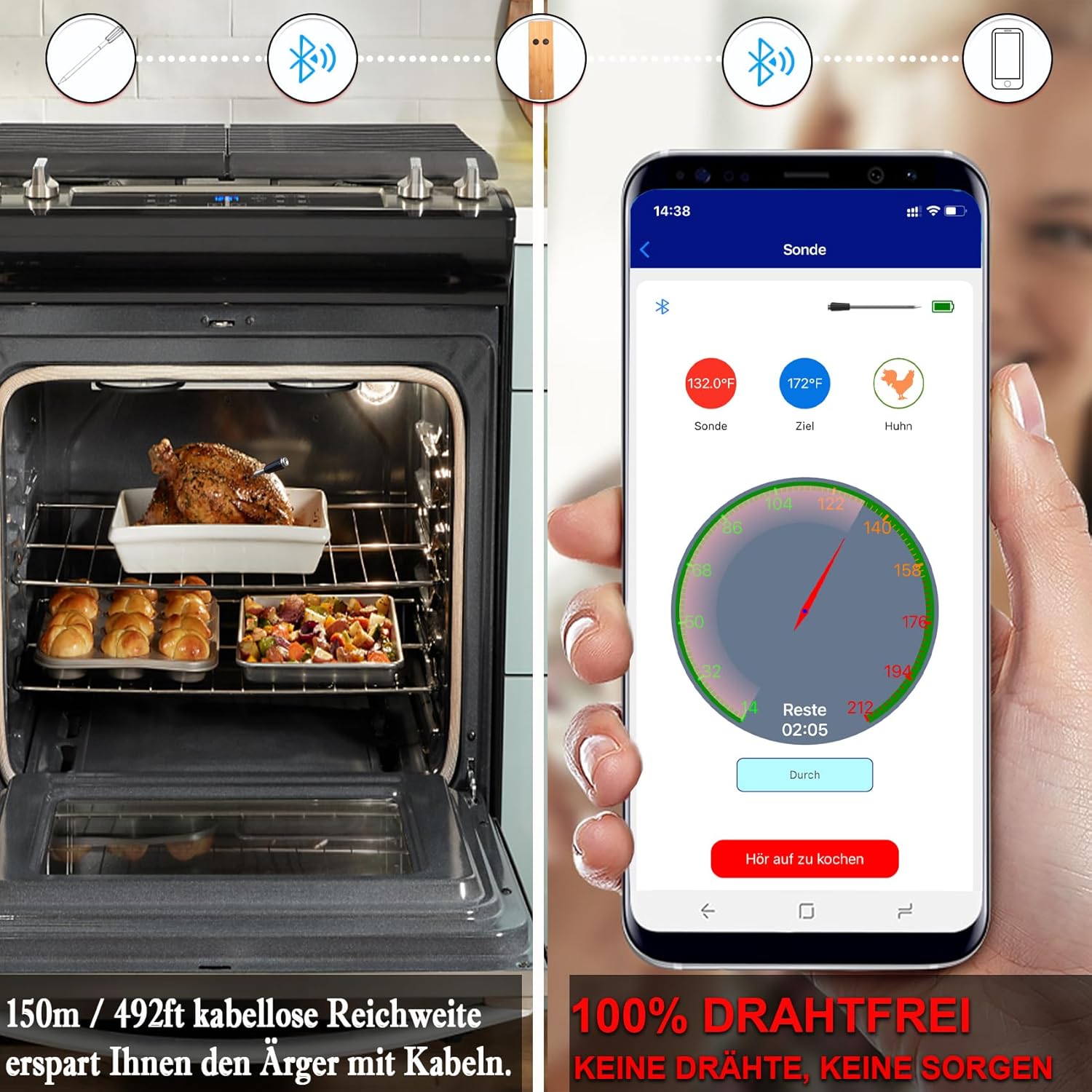 Termometro per barbecue senza fili, con due sonde più sottili, APP Bluetooth, 100 m, termometro per arrosti, per forno, barbecue, rotisserie Airfryer (Two Probes) - immagine 4