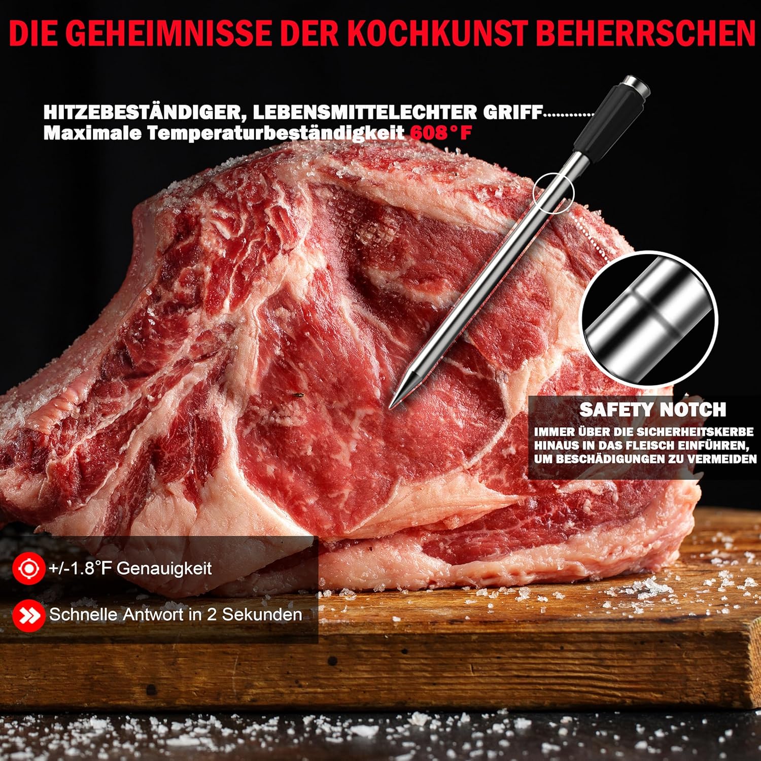 Termometro per barbecue senza fili, con due sonde più sottili, APP Bluetooth, 100 m, termometro per arrosti, per forno, barbecue, rotisserie Airfryer (Two Probes) - immagine 5