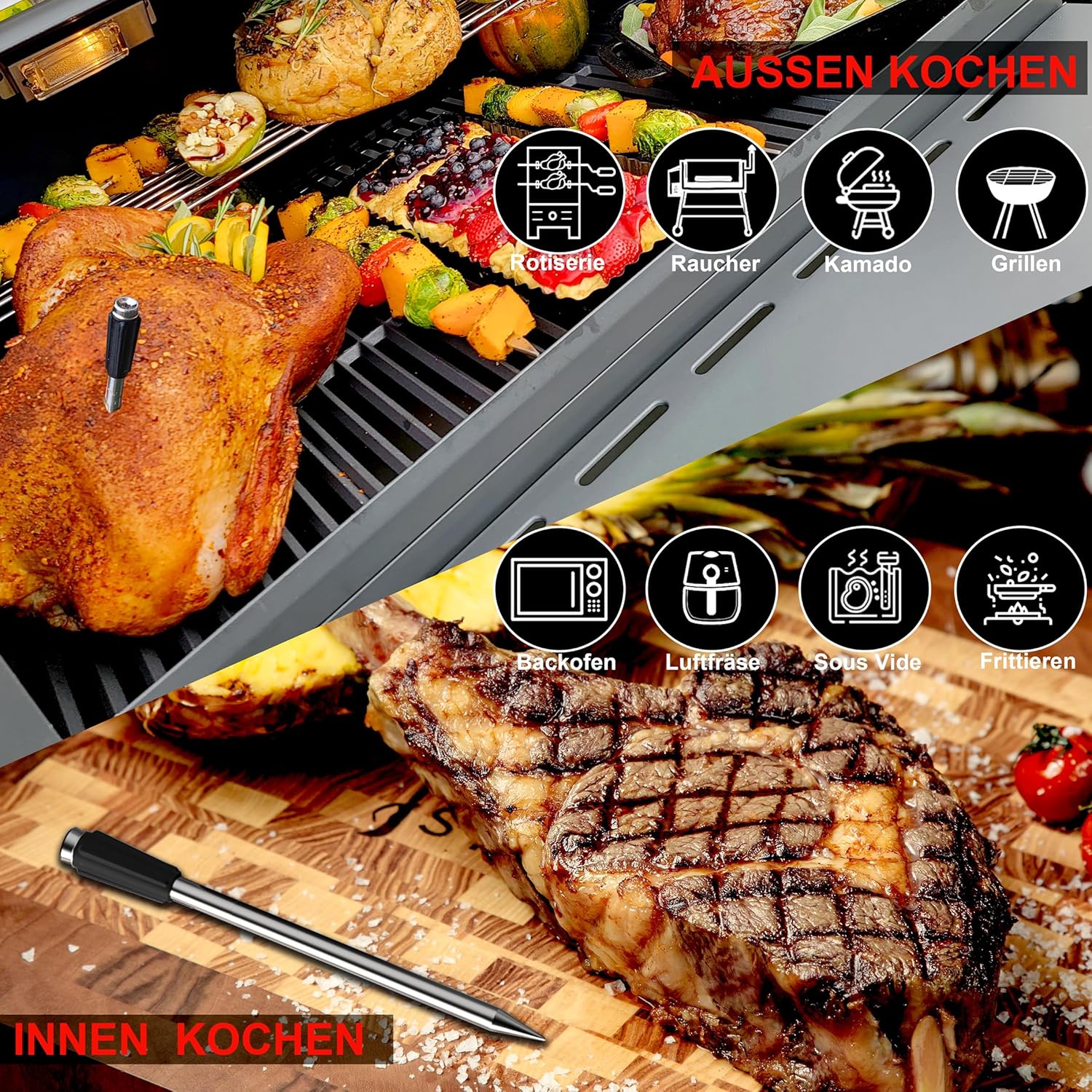 Termometro per barbecue senza fili, con due sonde più sottili, APP Bluetooth, 100 m, termometro per arrosti, per forno, barbecue, rotisserie Airfryer (Two Probes) - immagine 6