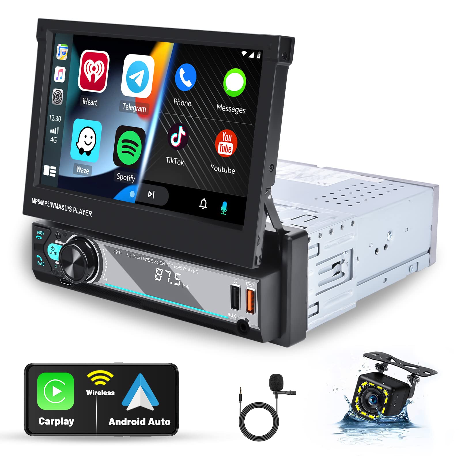 Hikity Autoradio 1 Din Wireless CarPlay 7 Pollici