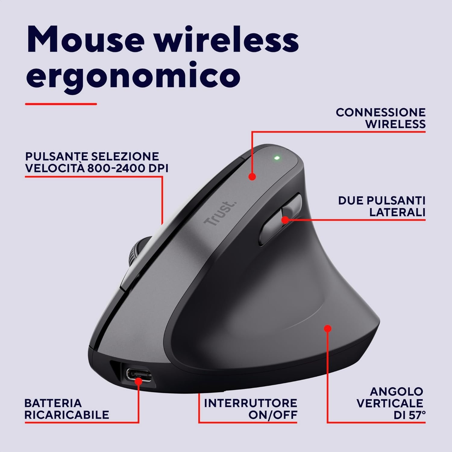 Trust Yuno Mouse Ergonomico Verticale Senza Filo, Nero - immagine 2