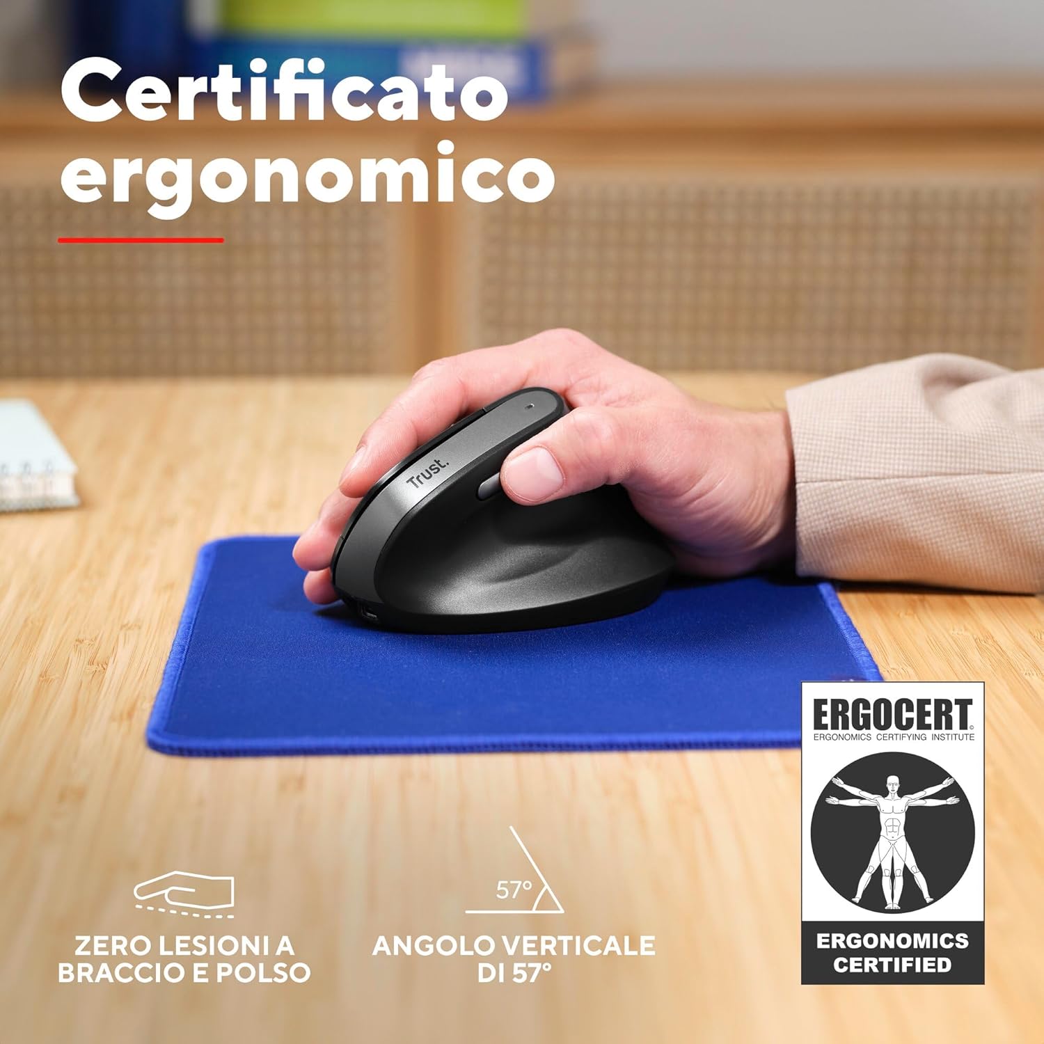 Trust Yuno Mouse Ergonomico Verticale Senza Filo, Nero - immagine 3