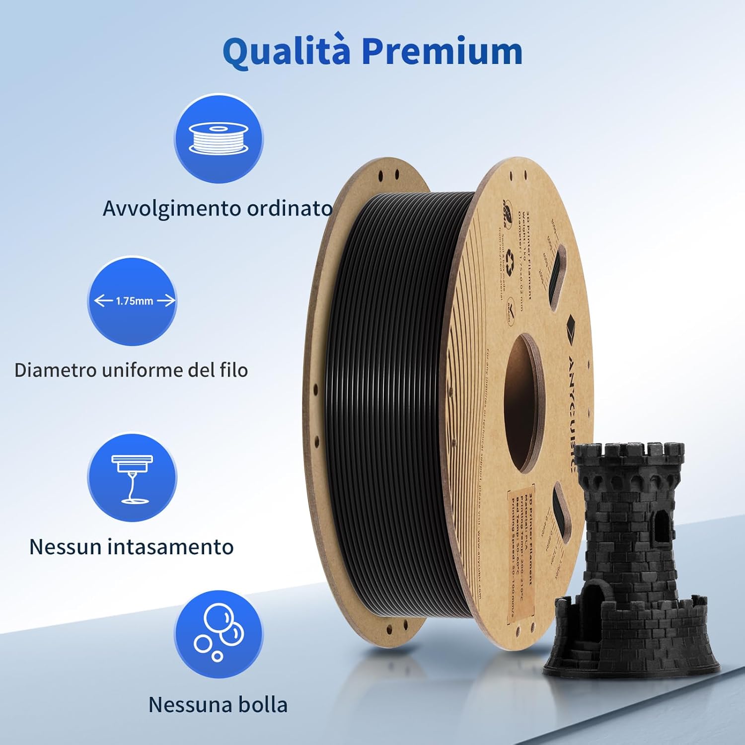 Anycubic Filamento PLA 1.75mm per Stampante 3D, Nero 2KG - immagine 2