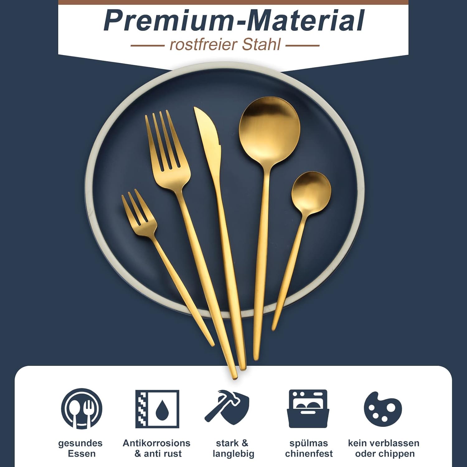 Bestdin Set Posate 60 Pezzi per 12 Persone, Oro Opaco - immagine 3