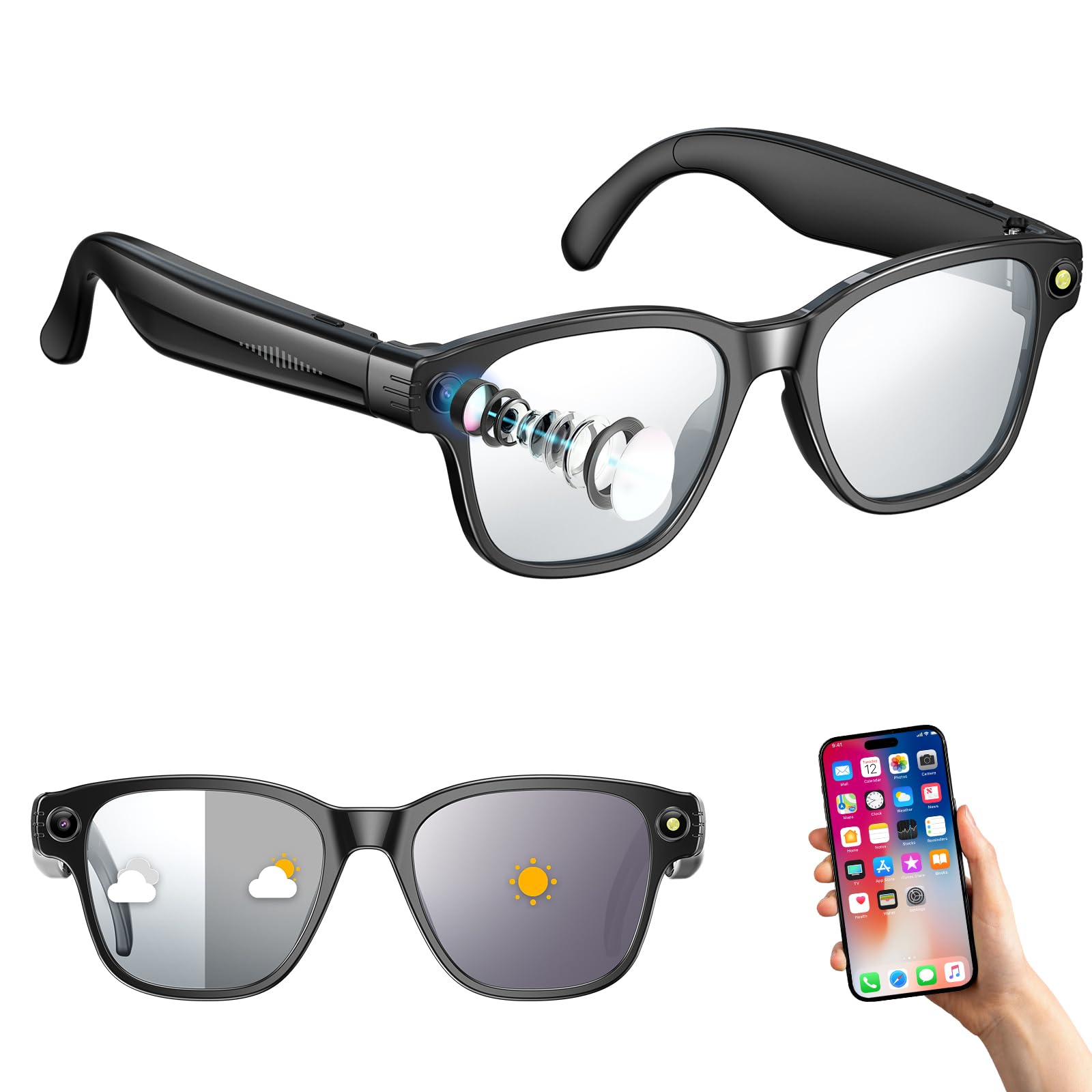 Occhiali AI Bluetooth Smart Glasses con Fotocamera HD 8 MP